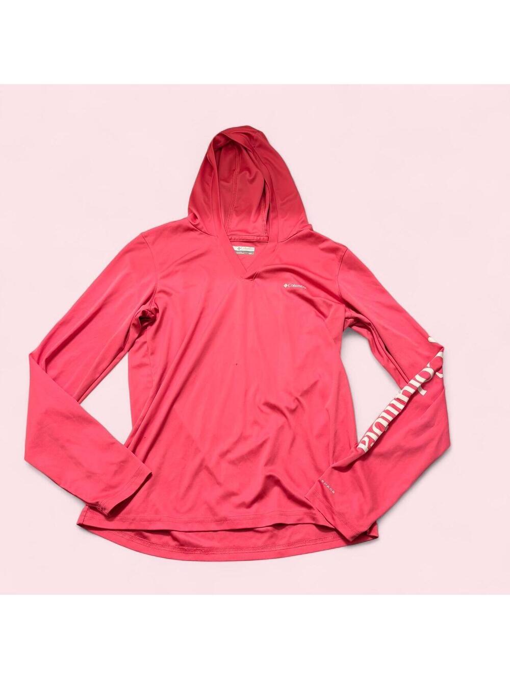 Columbia Pink V neck Long Sleeve with hood and white Colombia Logo on arm